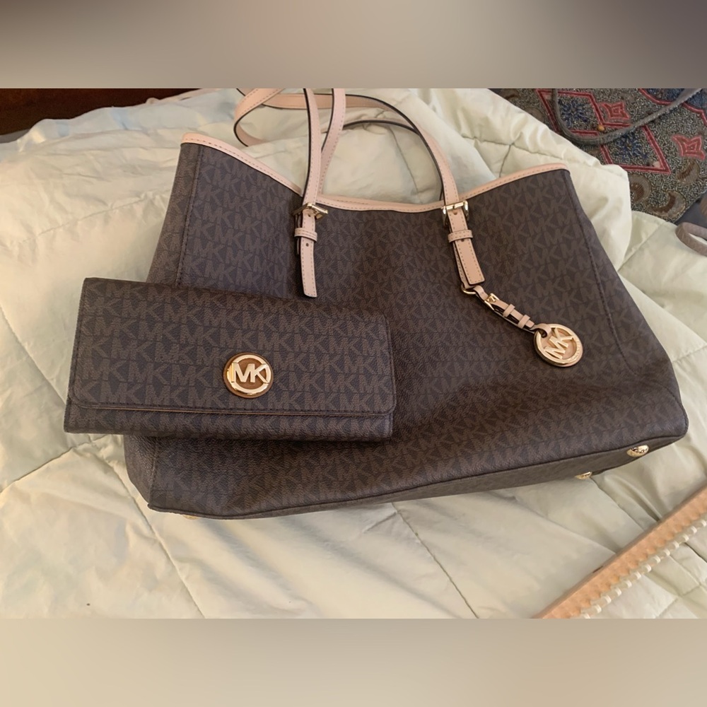 Michael Kors Dark Brown and Tan Tote and matching wallet